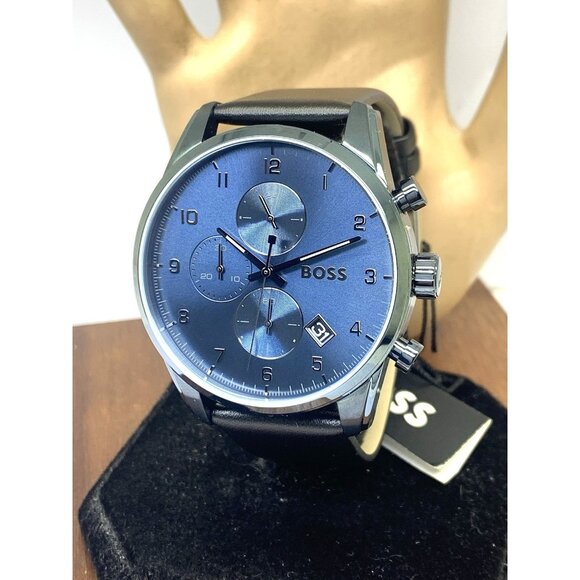 Hugo Boss Men's Watch 1513836 Quartz Chronograph Blue Dial Black Leather 44mm